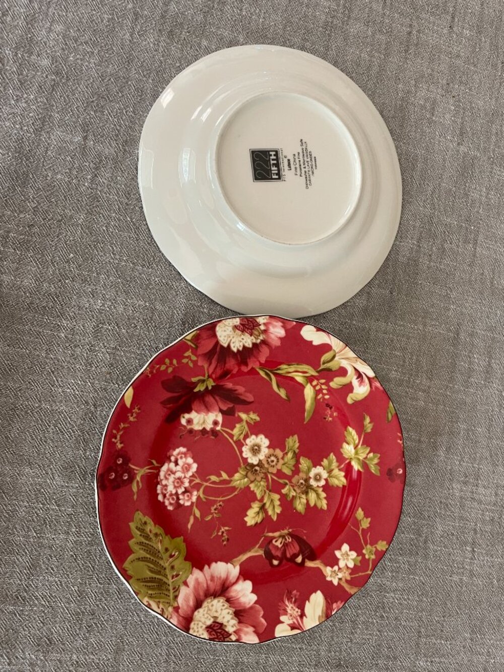 222 Fifth Lutece Red Floral Butterfly Salad Plate 8.75" Set of 2 Ceramic!